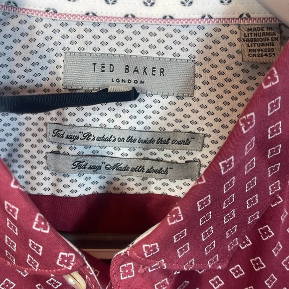 Ted Baker MENS PINK GEOMETRIC FLORAL PRINT STRETCH COTTON SHIRT in pink size 4/L - Picture 6 of 11